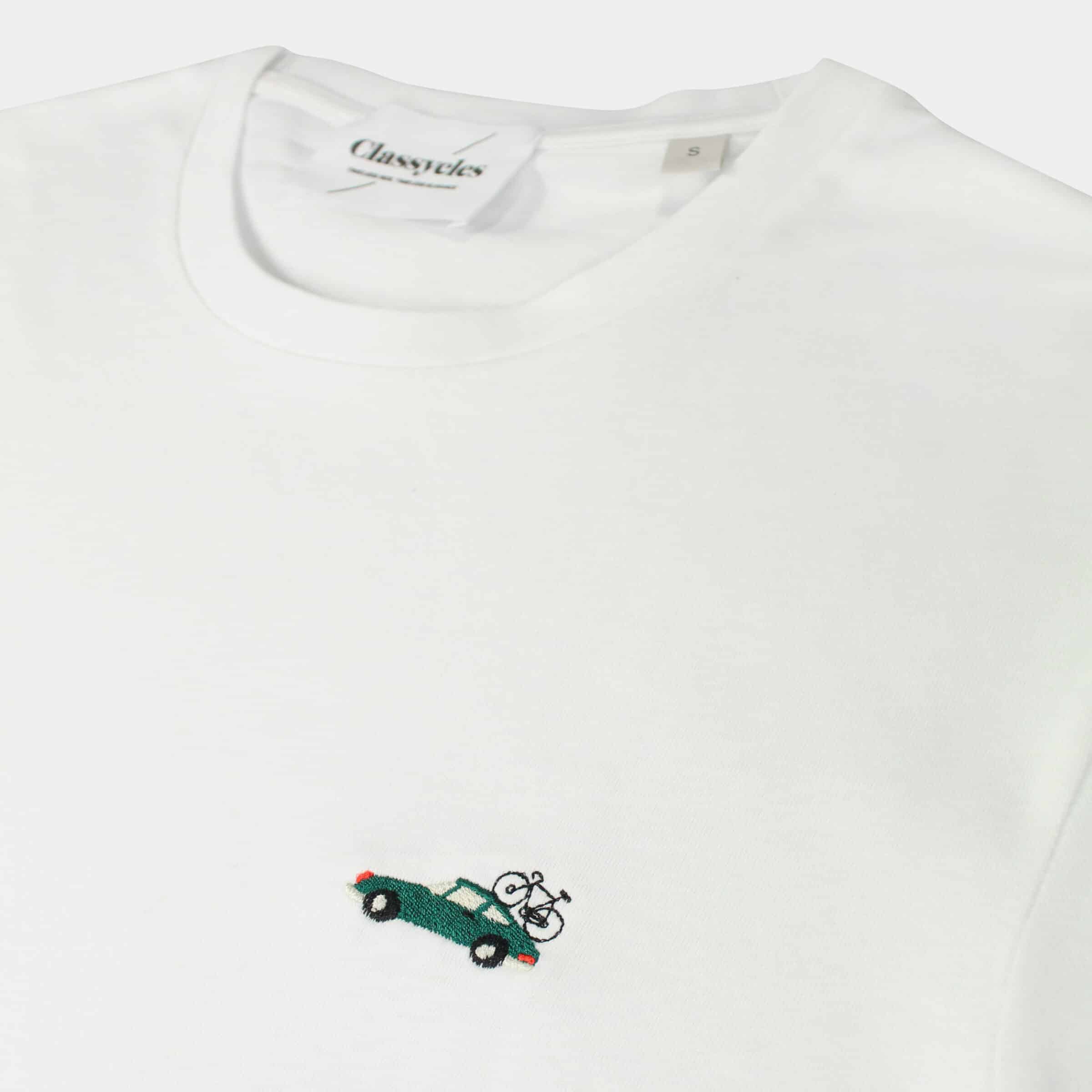 Drive & Ride T-shirt by Classycles featuring an embroidered design of a car carrying a road bike, ideal for cyclists who love stylish adventure apparel.