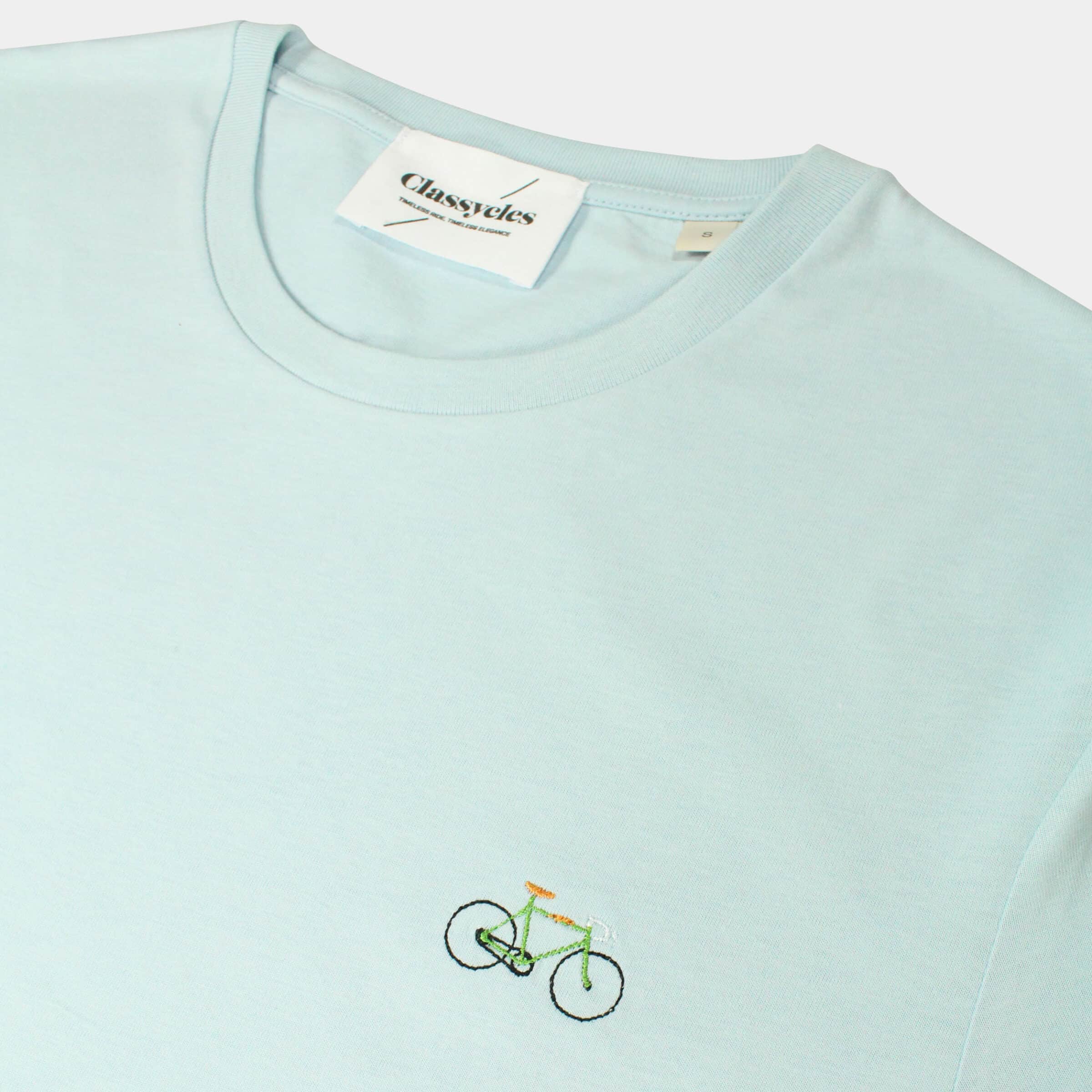 Mon Amour de Vélo T-shirt by Classycles, featuring a delicate embroidered classic road bike, perfect for cycling enthusiasts who love stylish apparel.